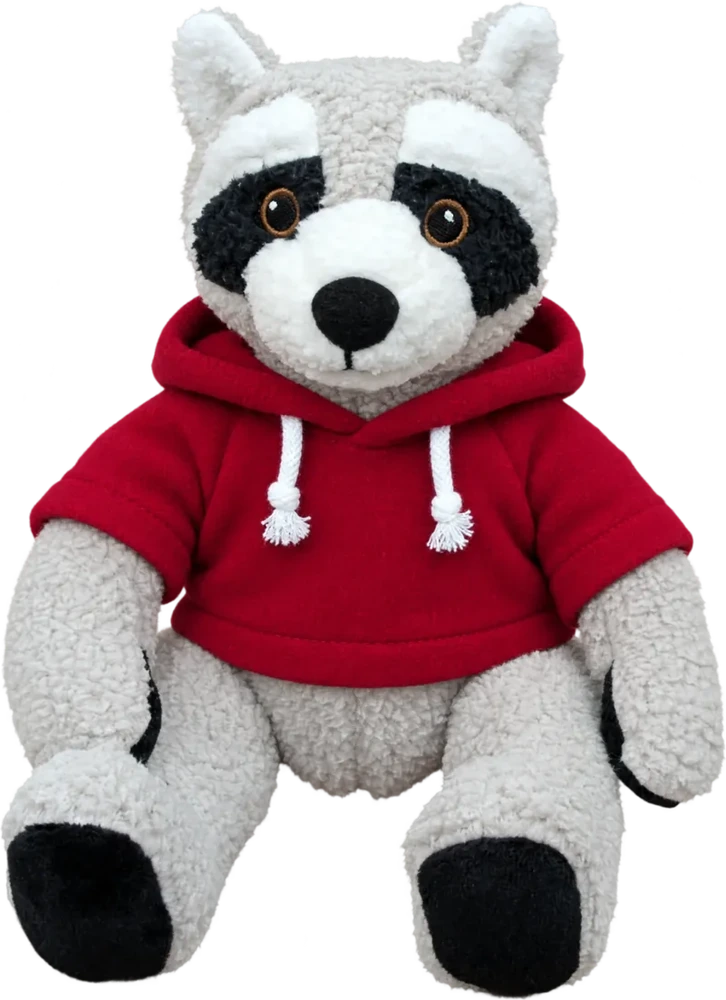 10 inch Curly Critter Raccoon, wearing a small red hoody