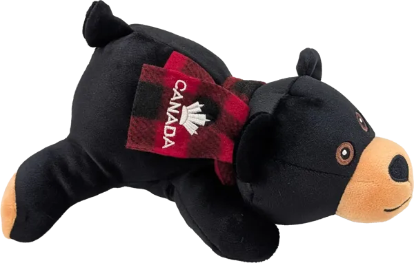 9 inch Extra Soft Floppy Black Bear with Red Jack Scarf with Canada and Maple Leaf Embroidery