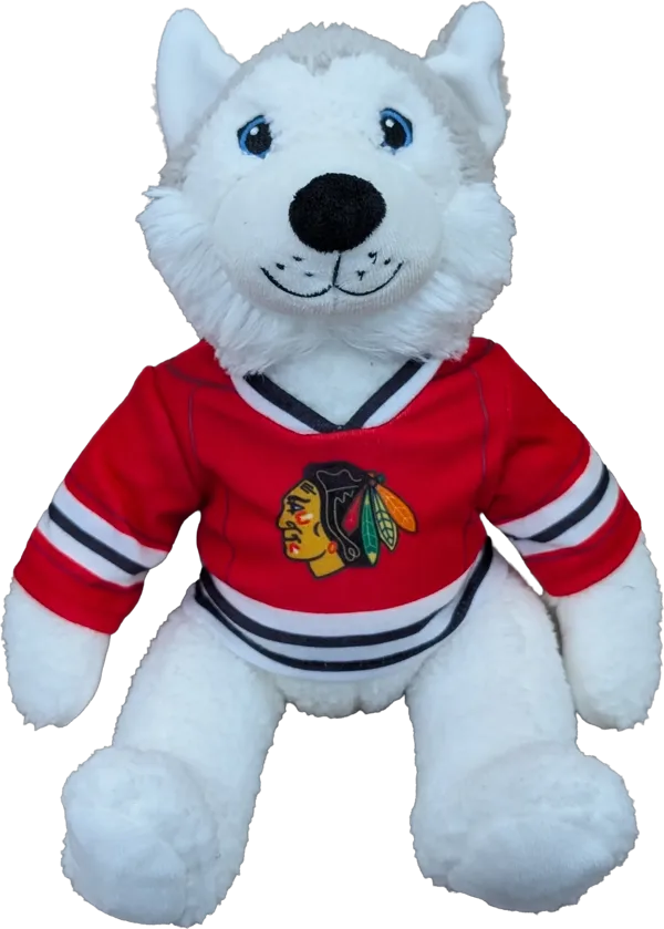 10 inch Curly Critter Grey Husky, Chicago Blackhawks Jersey