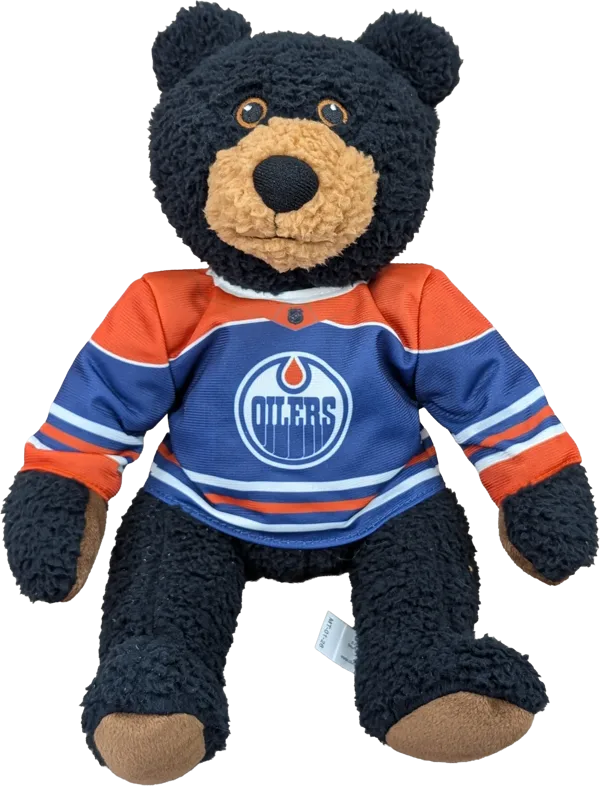 10 inch Curly Critter Black Bear, Edmonton Oilers Jersey