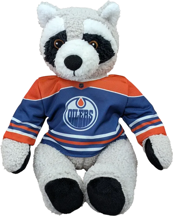 10 inch Curly Critter Raccoon, Edmonton Oilers Jersey